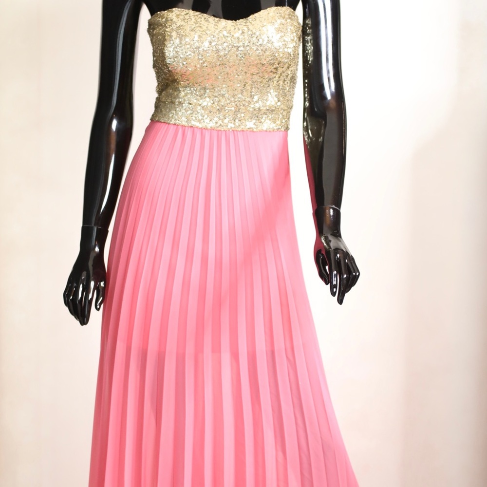 Peach and Gold strapless formal dress